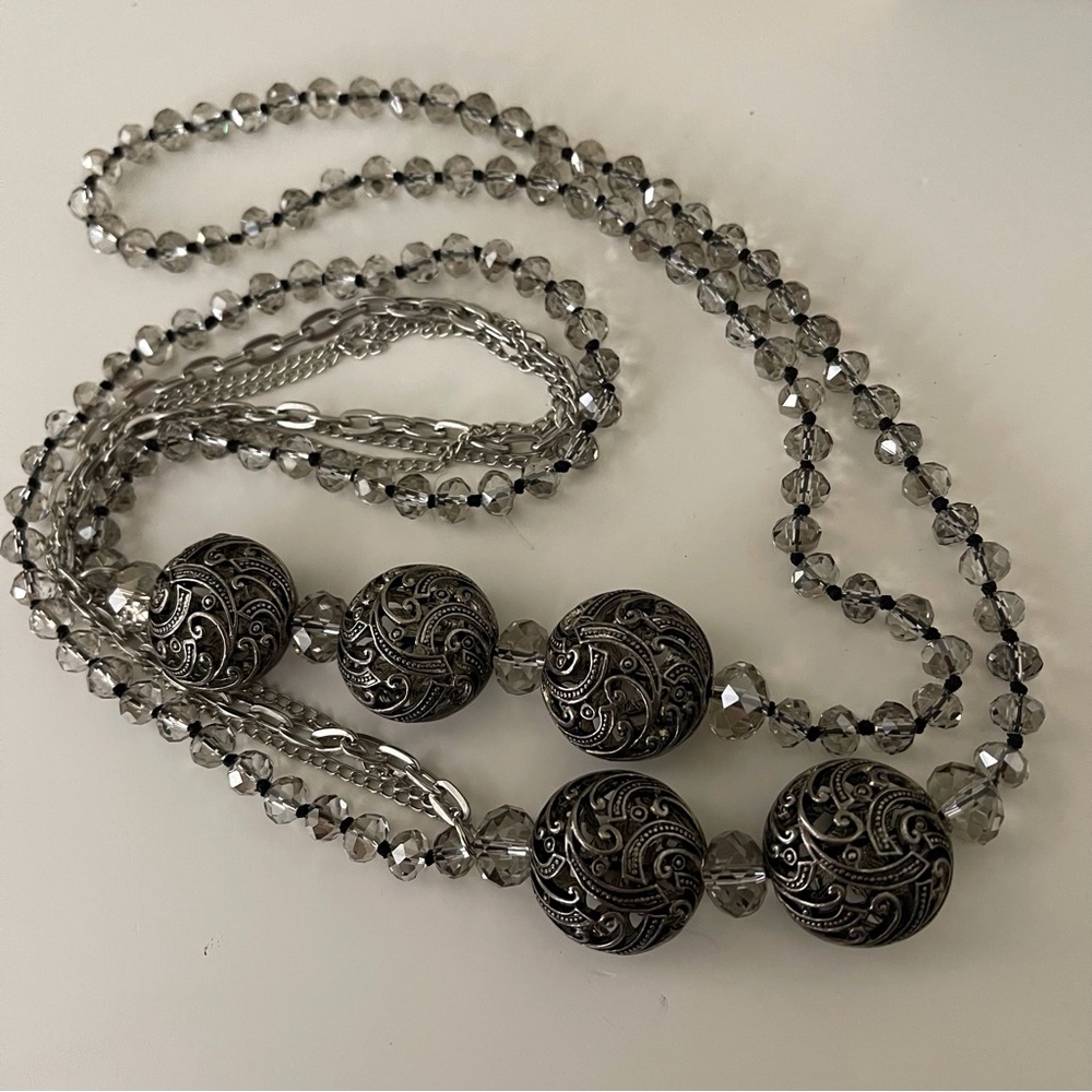Vintage Opera Length Filigree and Hand Knotted Smokey Grey Crystal Beads - Picture 8 of 13